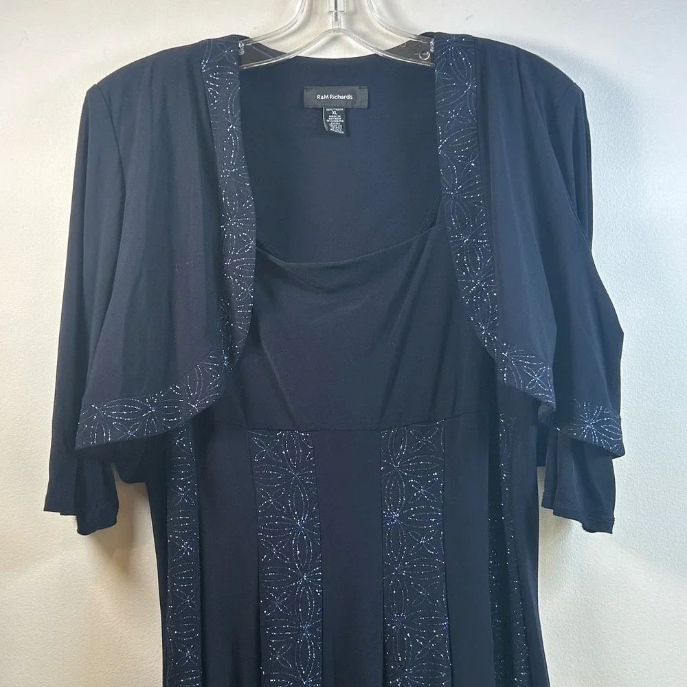 R&M Richards Womens Navy Blue 2‎ Piece Glitter Floral Dress and Jacket Set XL